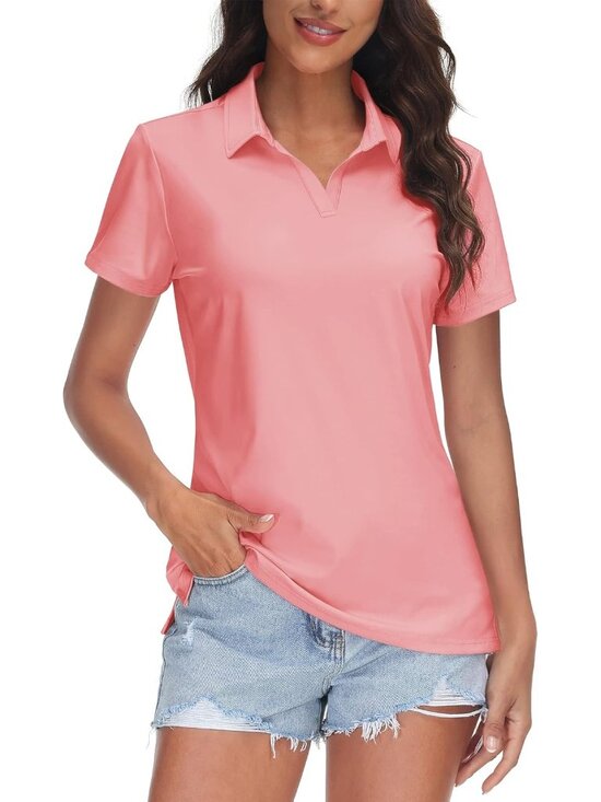 Tops - Women's 12-pink V-Neck Polo Shirts UPF50+ Short Sleeve Golf Collared Tops